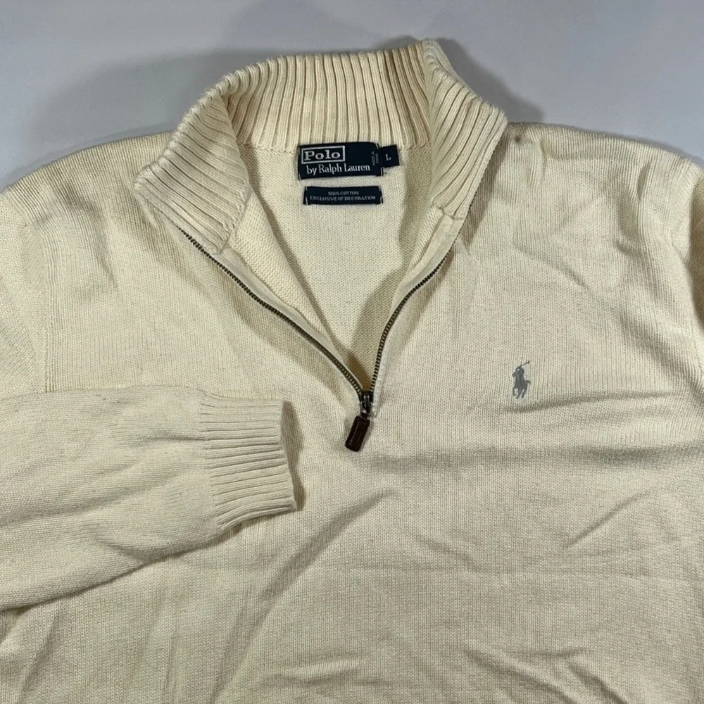 VTG Polo Ralph Lauren Quarter Zip Pullover Mens L Cream Preppy Old Money Sweater